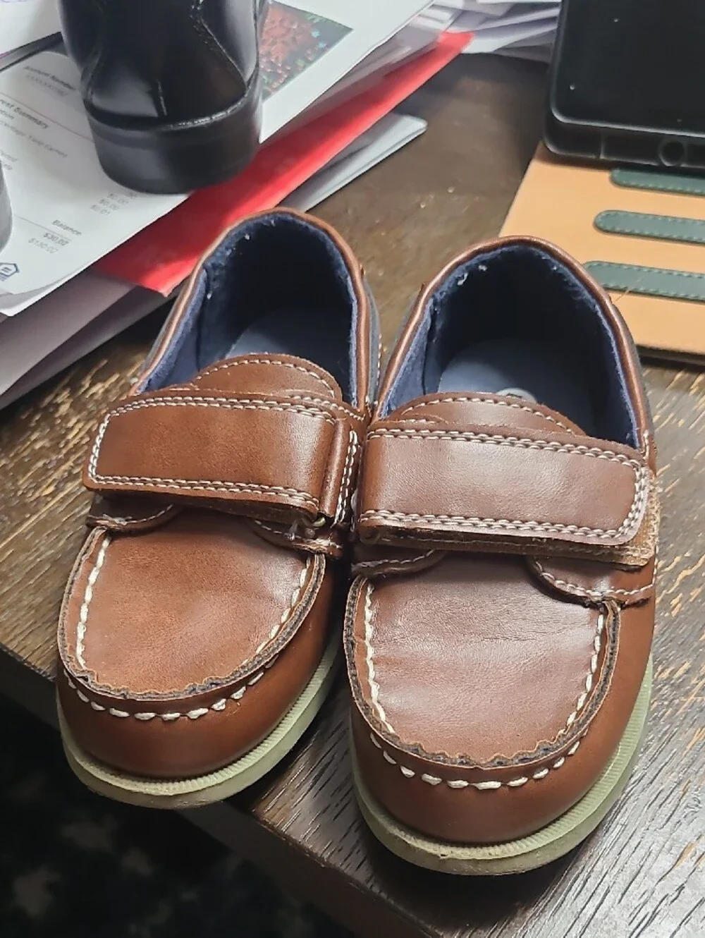 Kids Brown Leather Slip-On Boat Shoes Size 10 Boys with Hook-and-Loop Strap